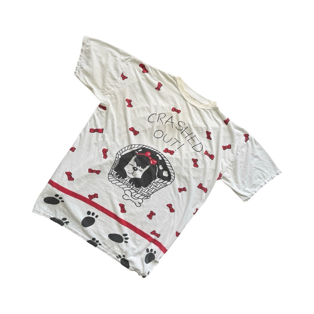 Vintage 90s “Crashed Out” Cartoon Dog Night Shirt – All Over Print